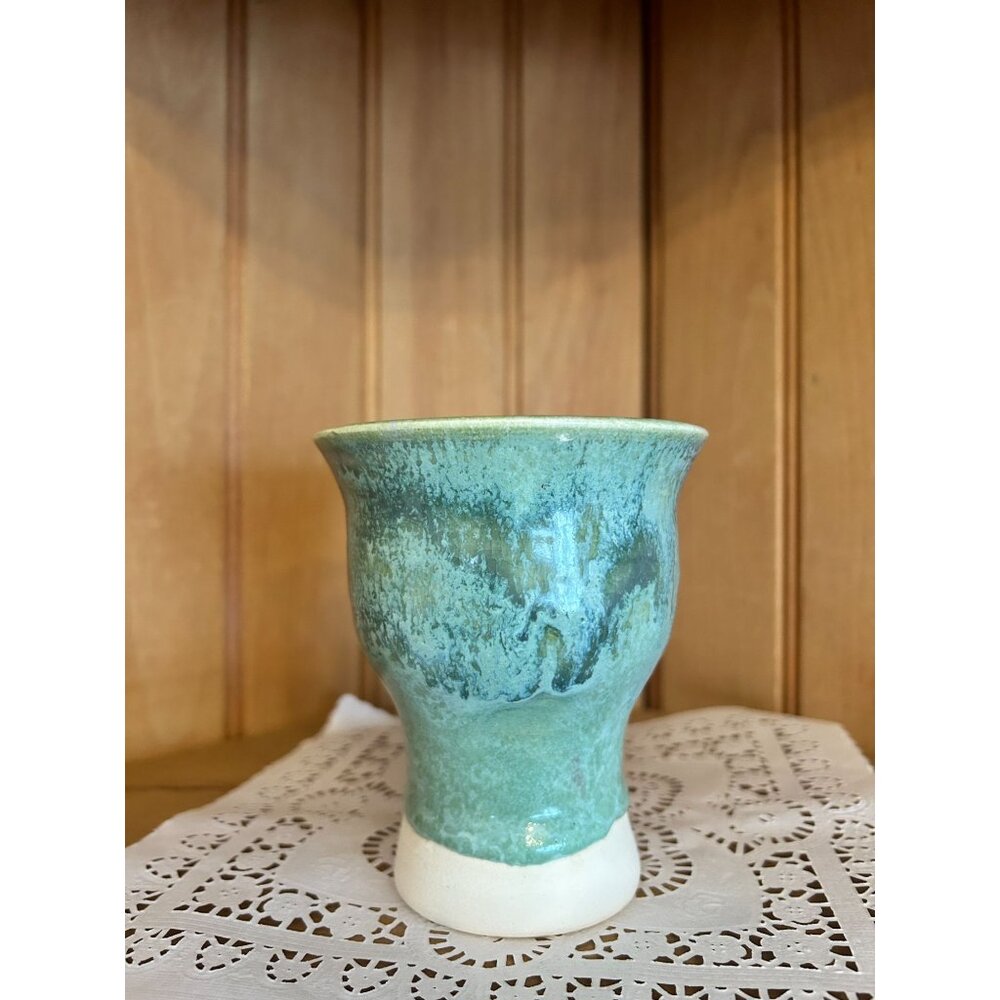 Handcrafted Studio Ceramic Pottery Blue Green Artist Signed Goblet Planter Vase